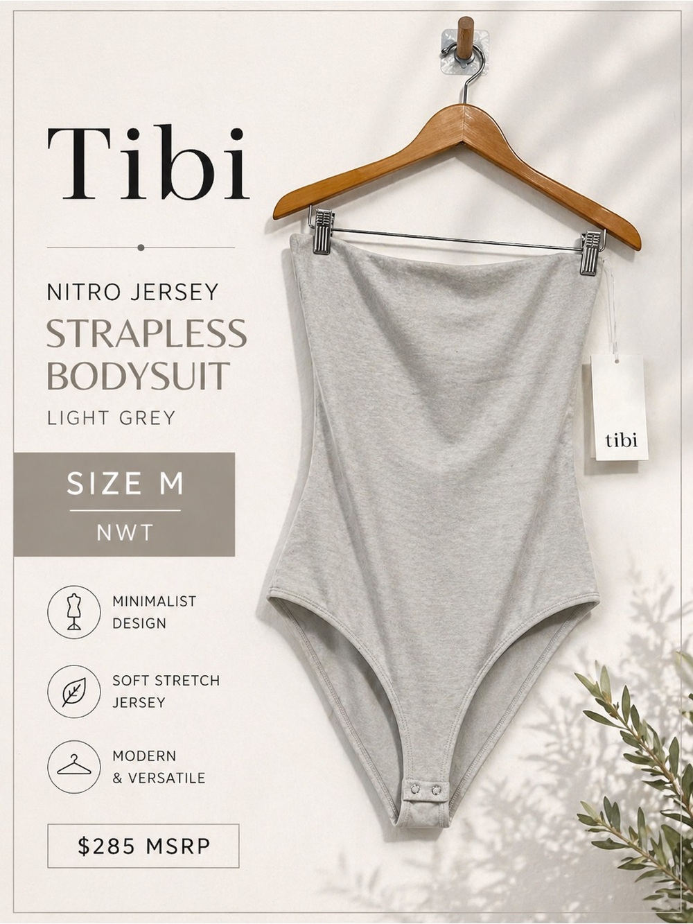 Tibi Nitro Jersey Strapless Bodysuit Light Grey Size M NWT $285 MSRP